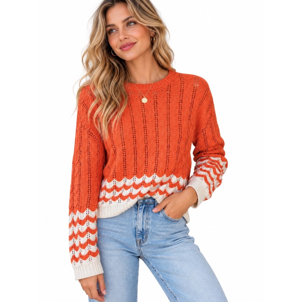 Womens Striped Open Knit Pullover Sweater Small Cottagecore Cozy Casual Coastal